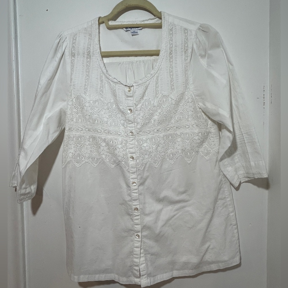 April Cornell cotton Women's White Lace Button-Up Top size XS